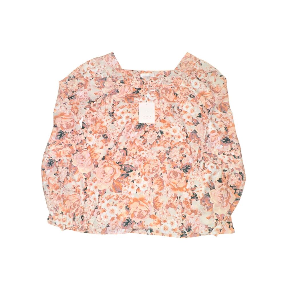 Lauren Conrad Peasant Top Women's Size M Peach Beige Floral Square Neck Boho NWT